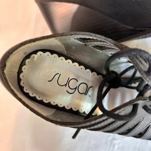 Sugar Kiara Black Strappy Lace-Up Wedge Sandals Women's 6 Boho Gladiator Cutout - Picture 5 of 7